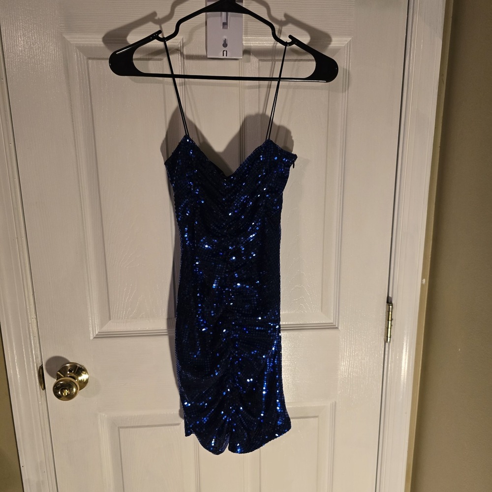 Zara Ink Blue Spaghetti Strap Sequin Ruched Disco Mini Dress Sz XS Formal Party
